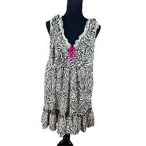 Cacique 26/28 Zebra Animal Print Pink Bow Lace Trim Tank Top Sleep nightie Dress
